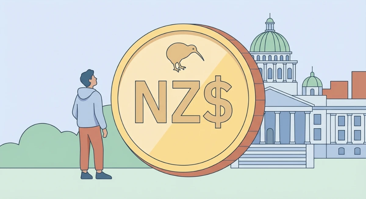 Illustration of a New Zealander discovering money owed by the NZ government, with a large coin and Parliament building