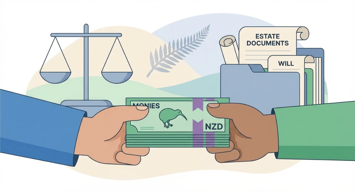 Illustration of hands exchanging money and legal documents, symbolizing the disbursement of estate monies in New Zealand.