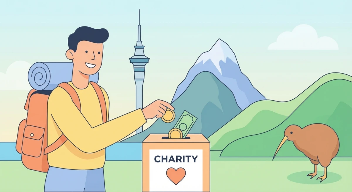 Illustration of a person happily donating money to a charity in New Zealand, symbolizing NZ tax benefits for donations.