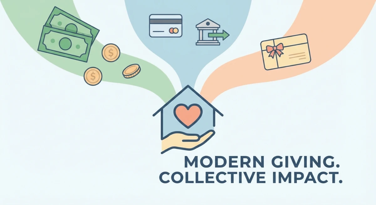 Illustration showing different types of monetary donations like cash, bank transfers, and gift cards, which qualify for tax benefits.