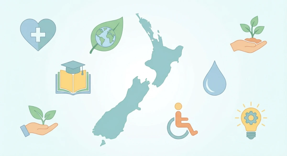 Illustration of various charity logos representing health, environment, and education, around a map of New Zealand, guiding donors to find causes.
