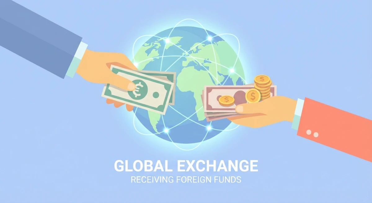 Illustration of hands receiving different currencies, representing receiving foreign monies into NZ