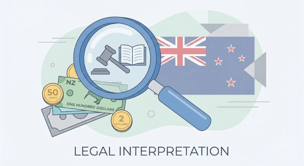 Illustration of a magnifying glass examining New Zealand currency to represent the legal definition of monies in contracts and financial agreements