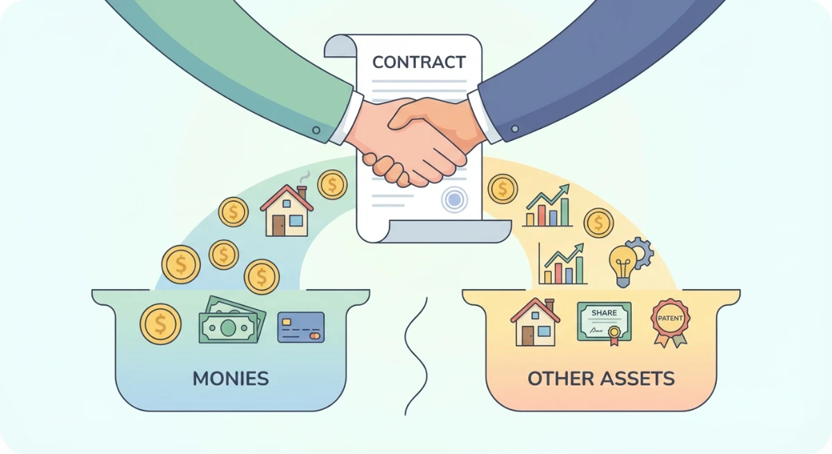 Illustration distinguishing liquid monies from various other assets like property and shares in the context of New Zealand legal contracts