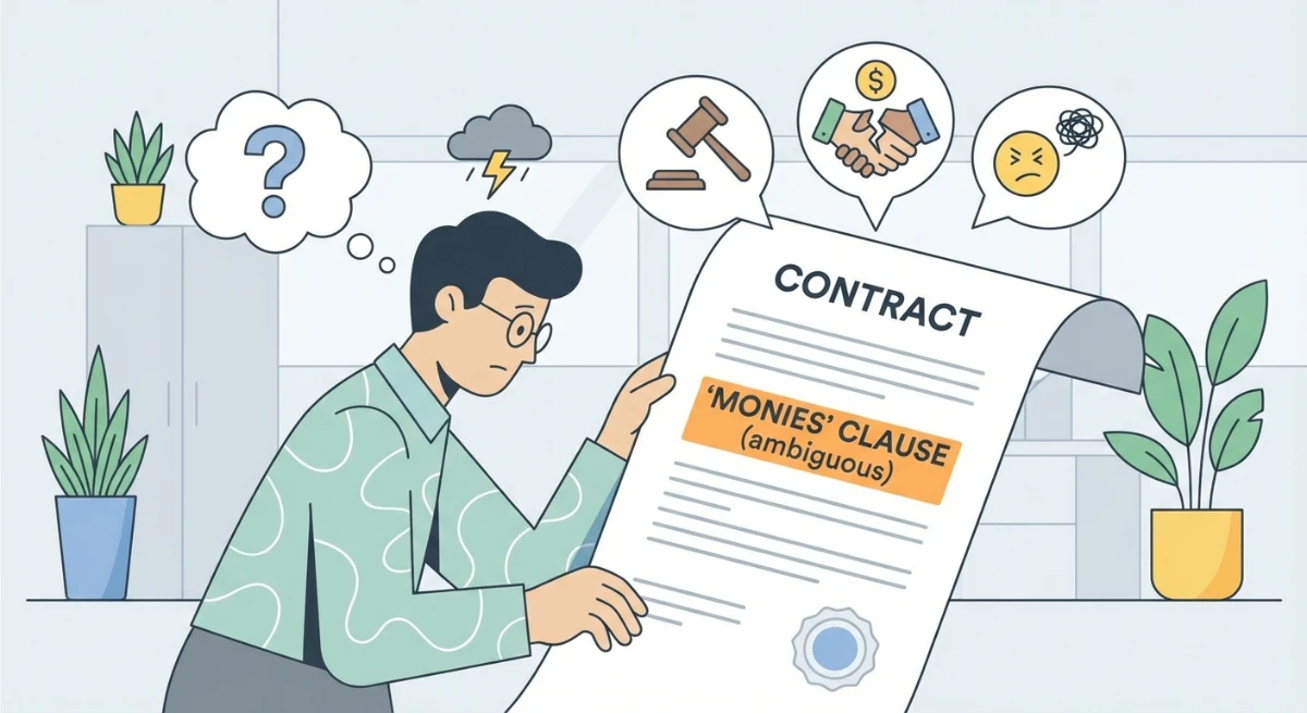 Illustration of a person confused by an ambiguous 'monies' clause in a New Zealand contract, highlighting potential legal disputes and implications for contractual obligations