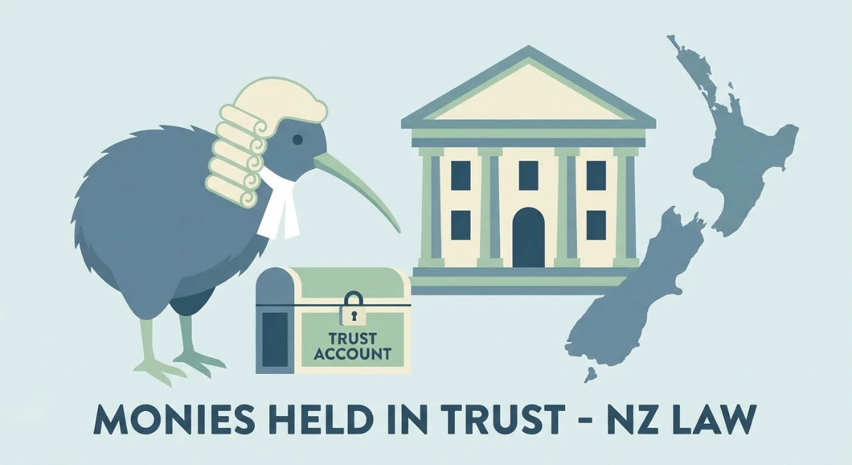 Illustration of a person placing money into a secure trust fund managed under New Zealand law.