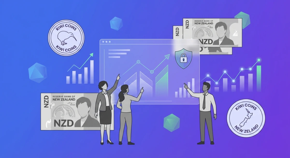 New Zealand Monies Guide hero image showing NZ currency, digital finance, and investment charts for a comprehensive financial overview.