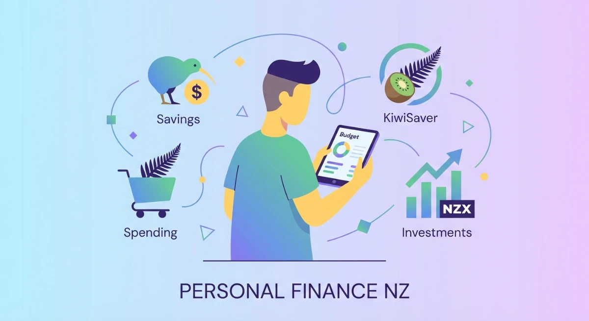 Personal finance monies in New Zealand, showing budgeting and savings on a tablet
