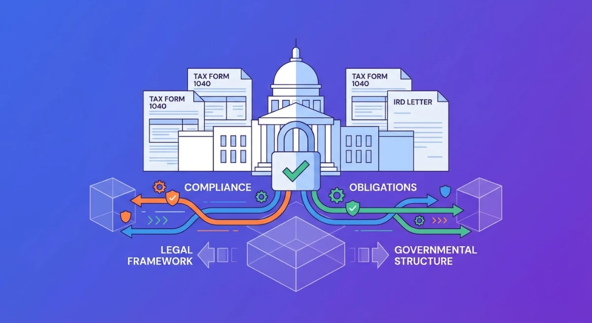 Government monies and obligations in NZ, showing tax forms and official documents