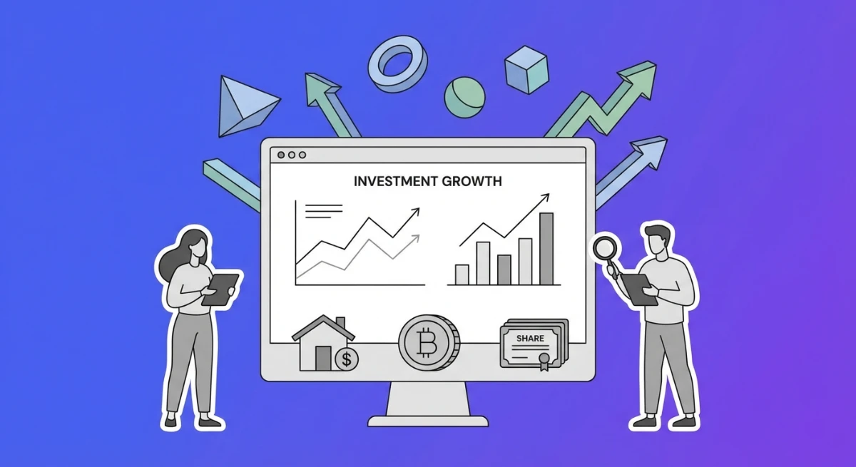 Investing monies in New Zealand, showing investment charts and asset icons