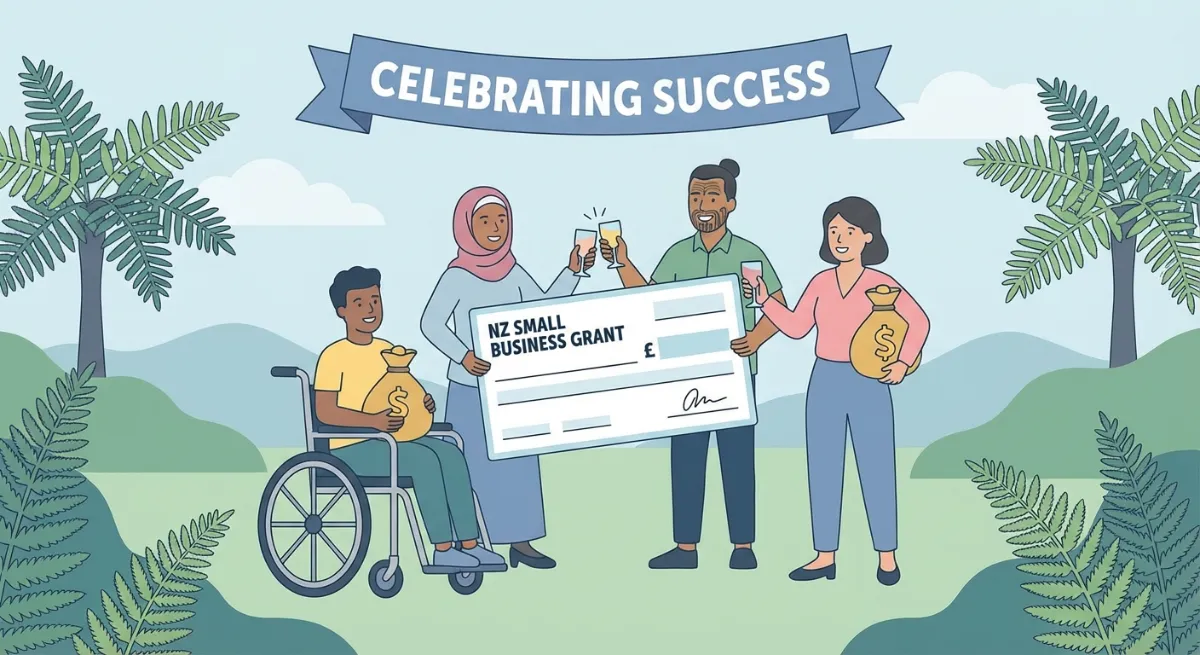 Happy New Zealand small business owners celebrating receiving NZ government grants for small businesses monies, showing diverse representation and growth.