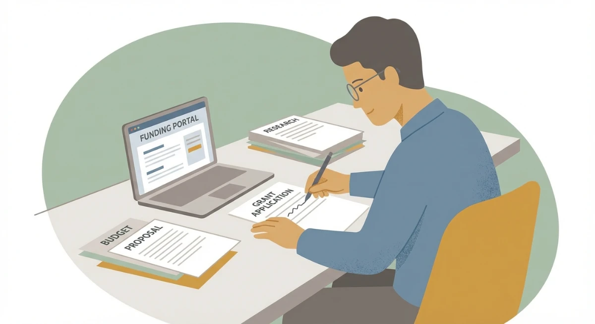 A small business owner diligently filling out an application form for NZ government grants for small businesses monies, surrounded by supporting documents and a laptop.