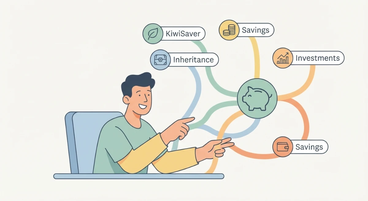 Illustration of a person happily managing KiwiSaver, inheritance, savings, and investments in New Zealand