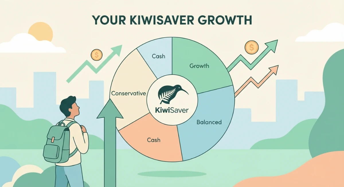 Illustration of a person analyzing KiwiSaver fund allocation pie chart
