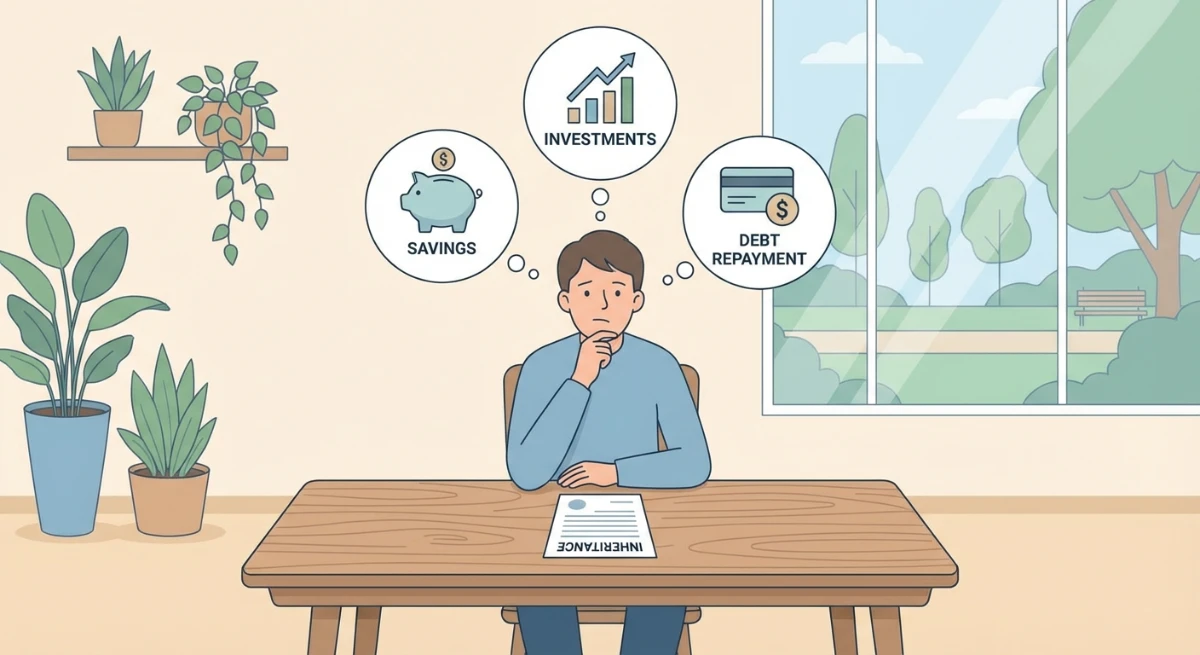 Illustration of a person considering options for inheritance money: savings, investments, or debt repayment