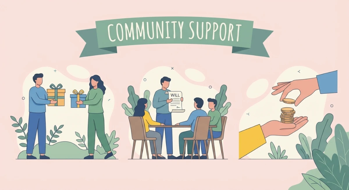 Illustration of hands exchanging a gift box and a person reading a will, representing tax implications of received monies NZ like gifts and inheritances.