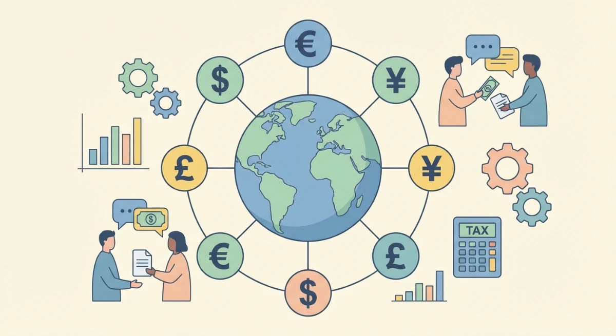 Illustration of a globe surrounded by different currencies and symbols, representing foreign income and tax implications of received monies NZ from overseas.