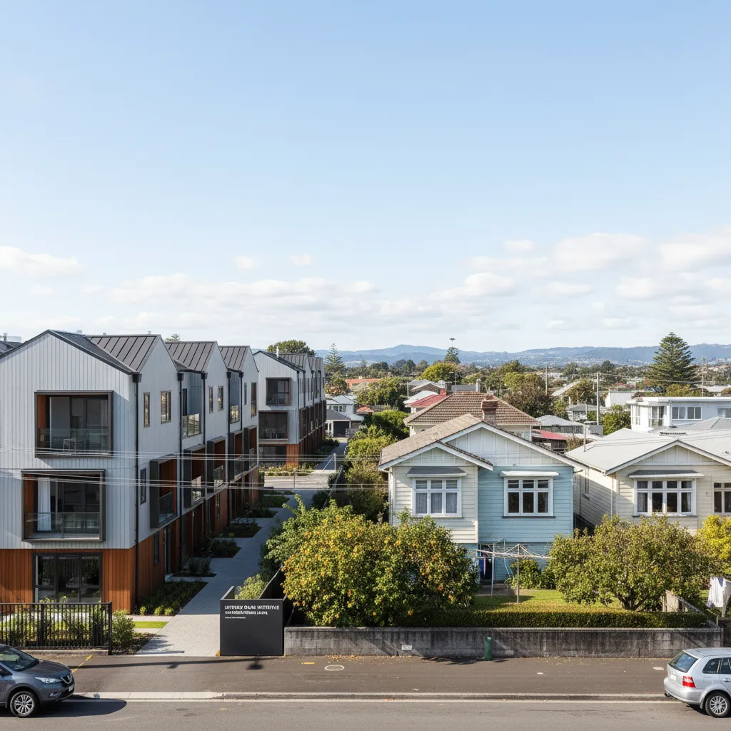 Modern terraced housing next to traditional Auckland bungalows