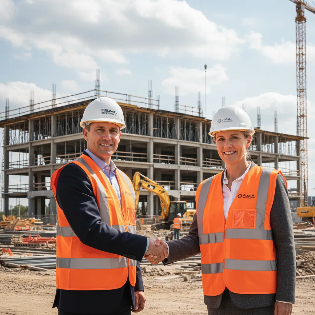 Builder and client shaking hands on a construction site
