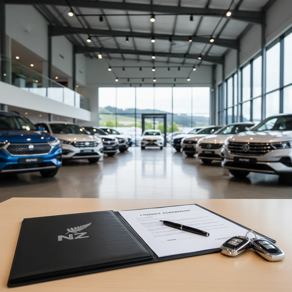 Car finance agreement on a desk in a New Zealand showroom