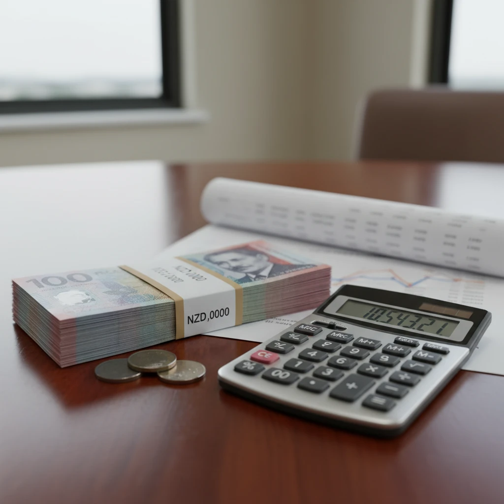 New Zealand currency and calculator representing loan planning