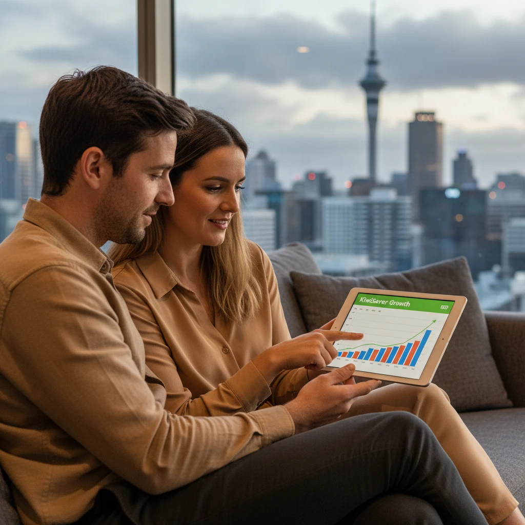 Couple analyzing KiwiSaver growth chart in Auckland