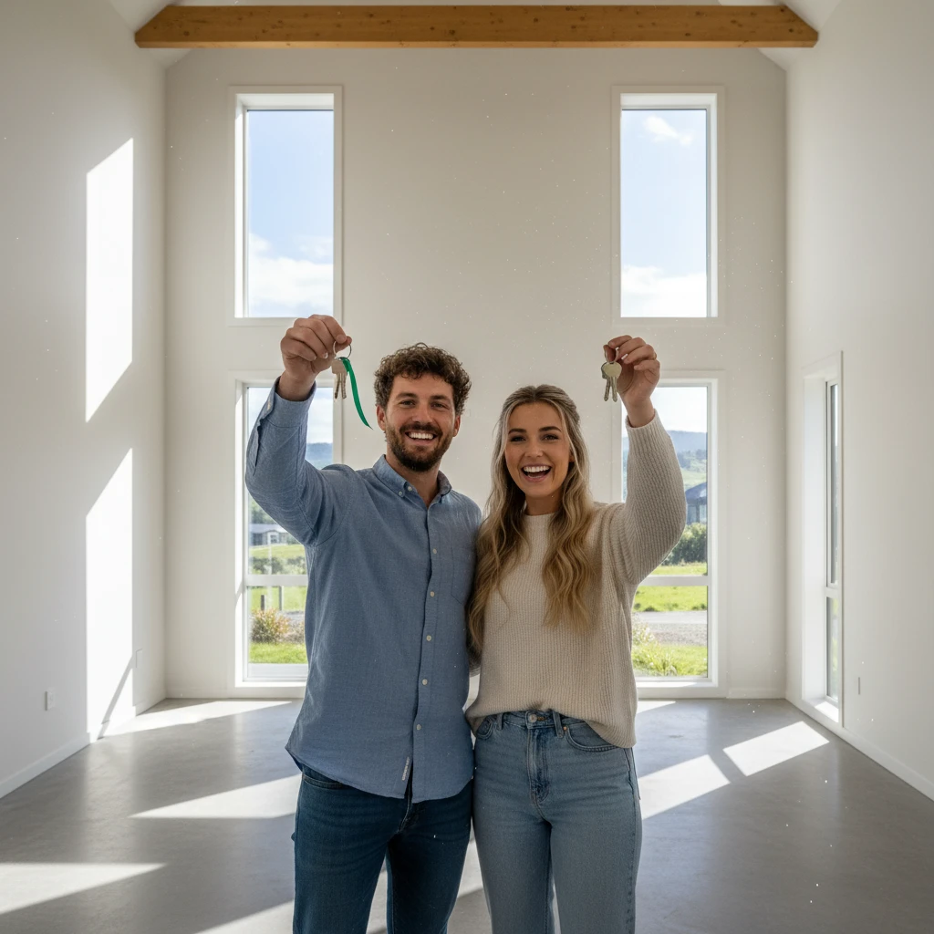 Couple celebrating buying their first home with KiwiSaver funds