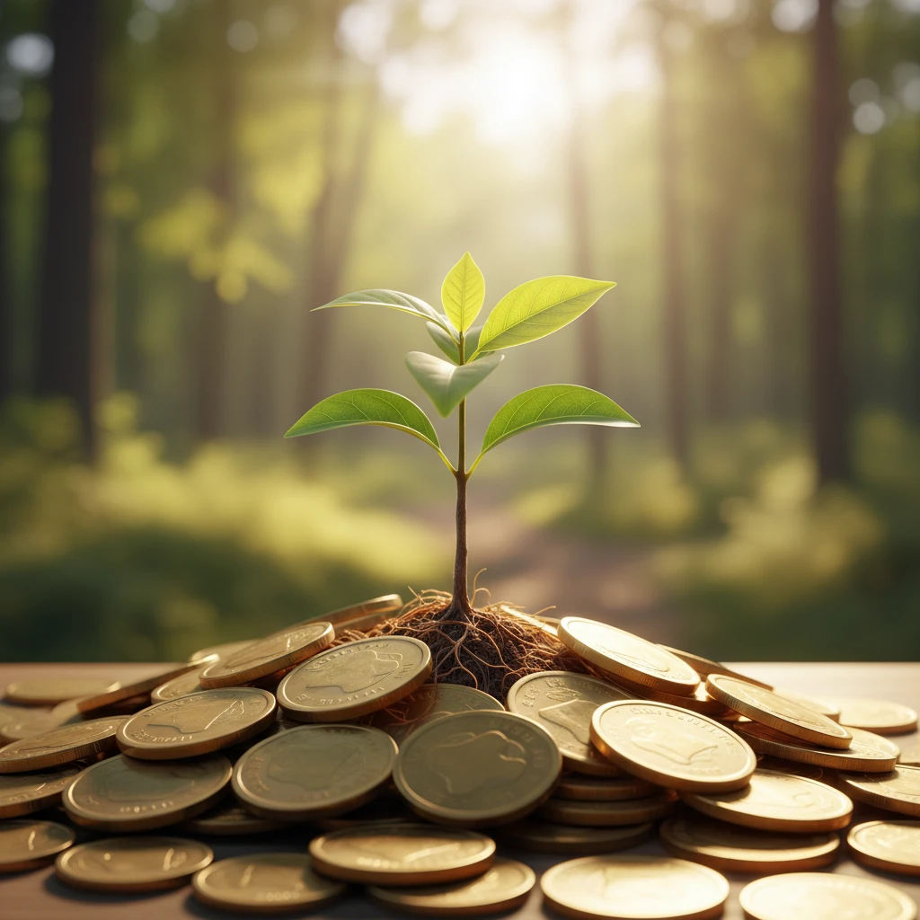 Sapling growing from coins representing long-term investment growth