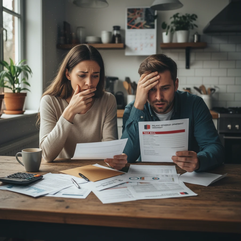 Couple reviewing a tax bill caused by incorrect RWT rate selection
